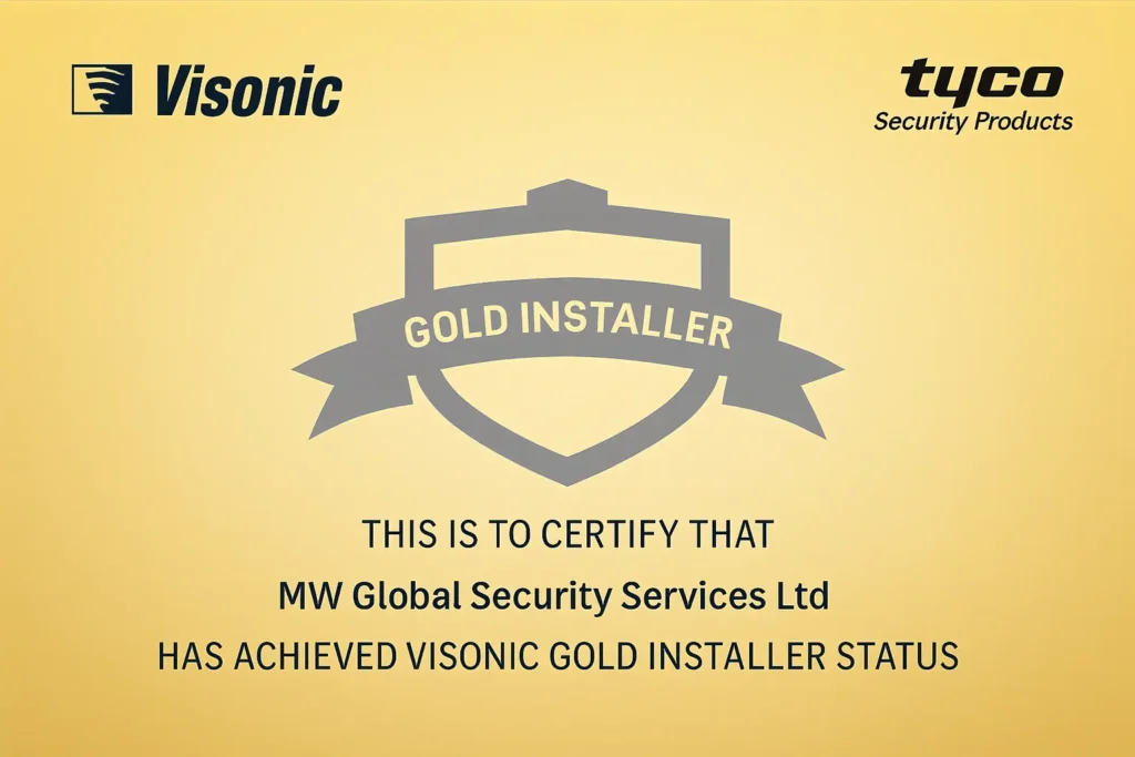 MW Global Security Services Visonic PowerMaster Gold Certified Installer certificate