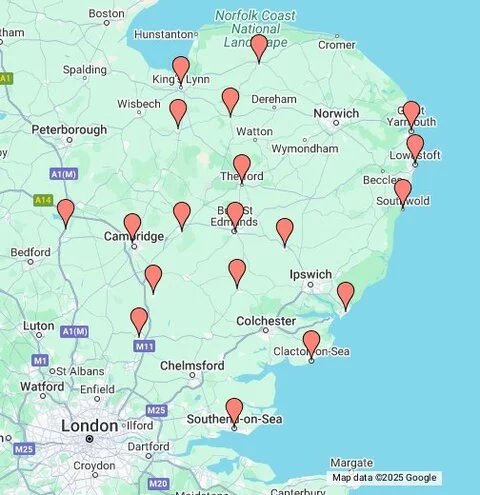 Map showing MW Global Security Services coverage across East Anglia