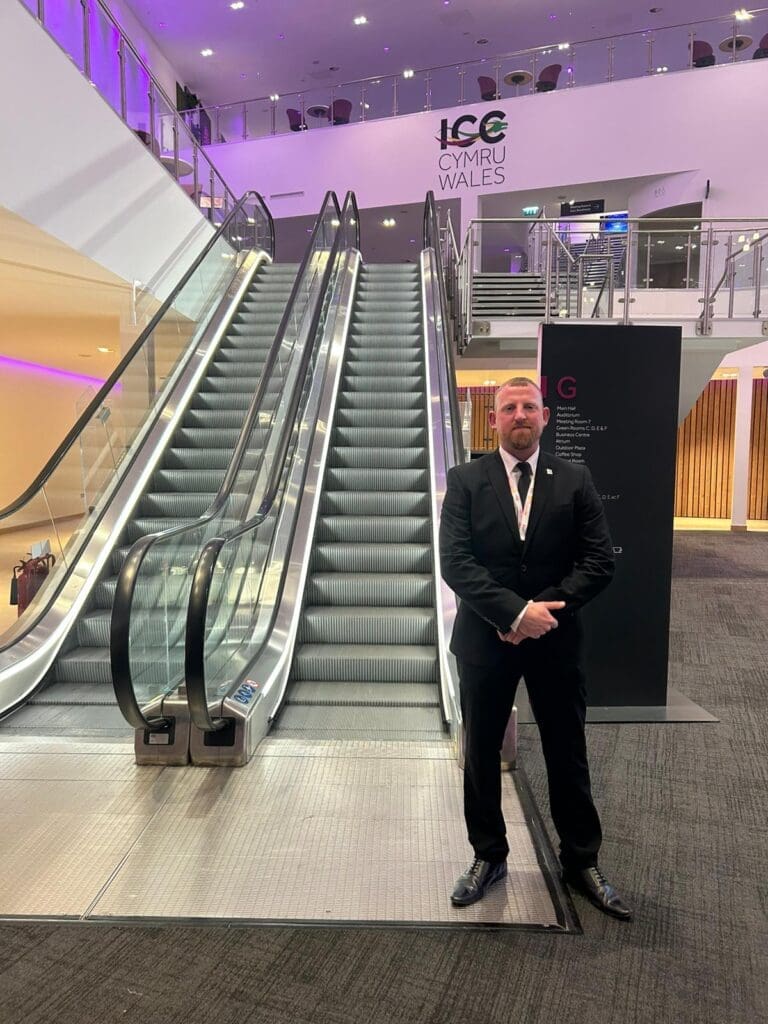 Hotel, and event security officer supporting access to a gala function at ICC Wales