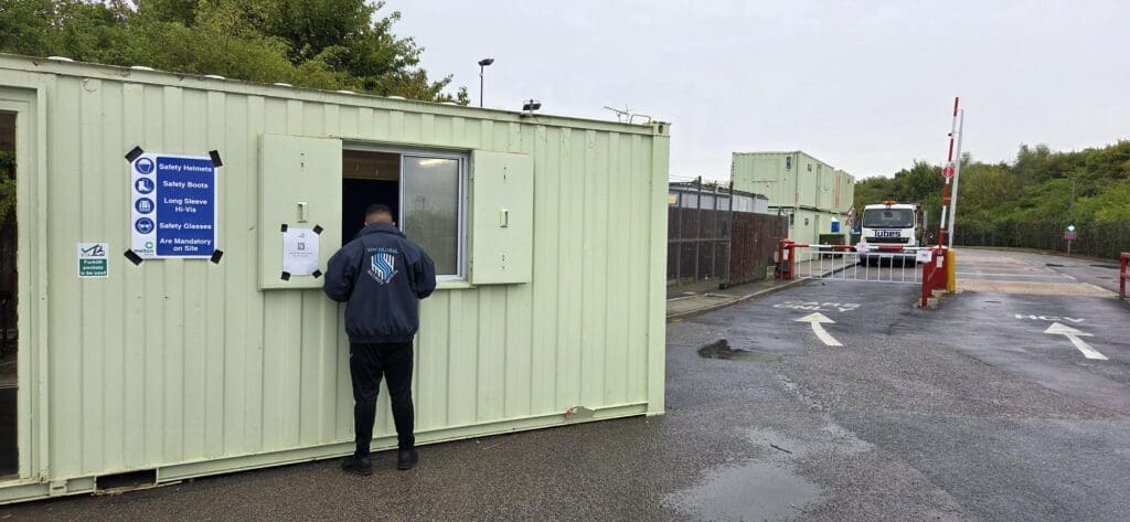 MW Global security officer working at an industrial site entrance and gatehouse in Cambridgeshire