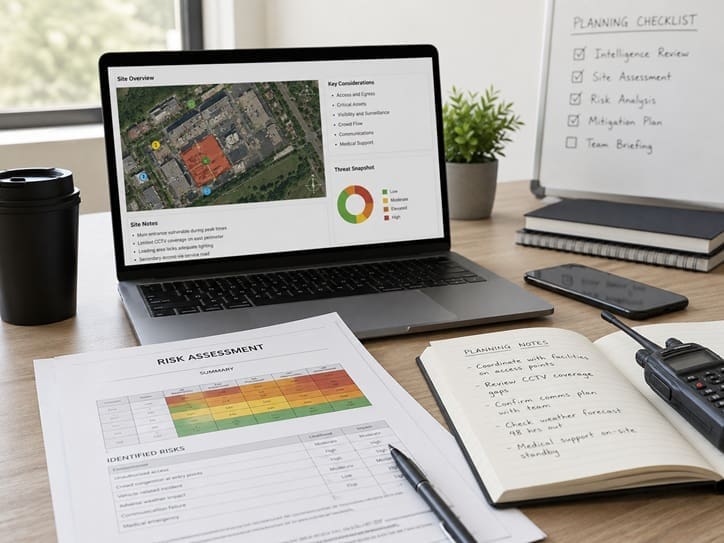 Security consultancy planning with a site overview, threat assessment and risk report