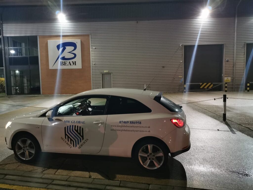 MW Global mobile security patrol vehicle during a site visit in Cambridge.